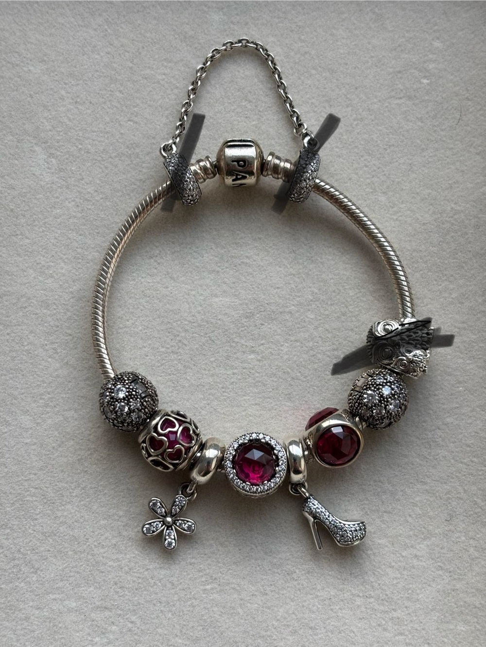 Pandora Silver Bracelet with Red-Pink Crystal Charms